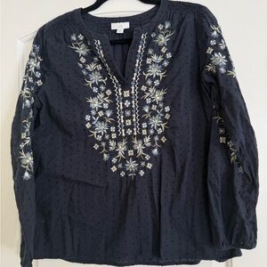 J. Jill Dark Blue Floral Embroidered Blouse